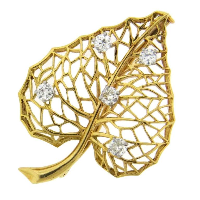 Cartier Diamond Gold Leaf Brooch Pin at 1stdibs