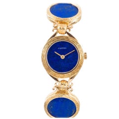 Vintage Cartier Rare Lady's Yellow Gold and Lapis Lazuli Bracelet Watch, circa 1972