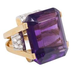 1940s French Amethyst Diamond Gold Platinum Ring