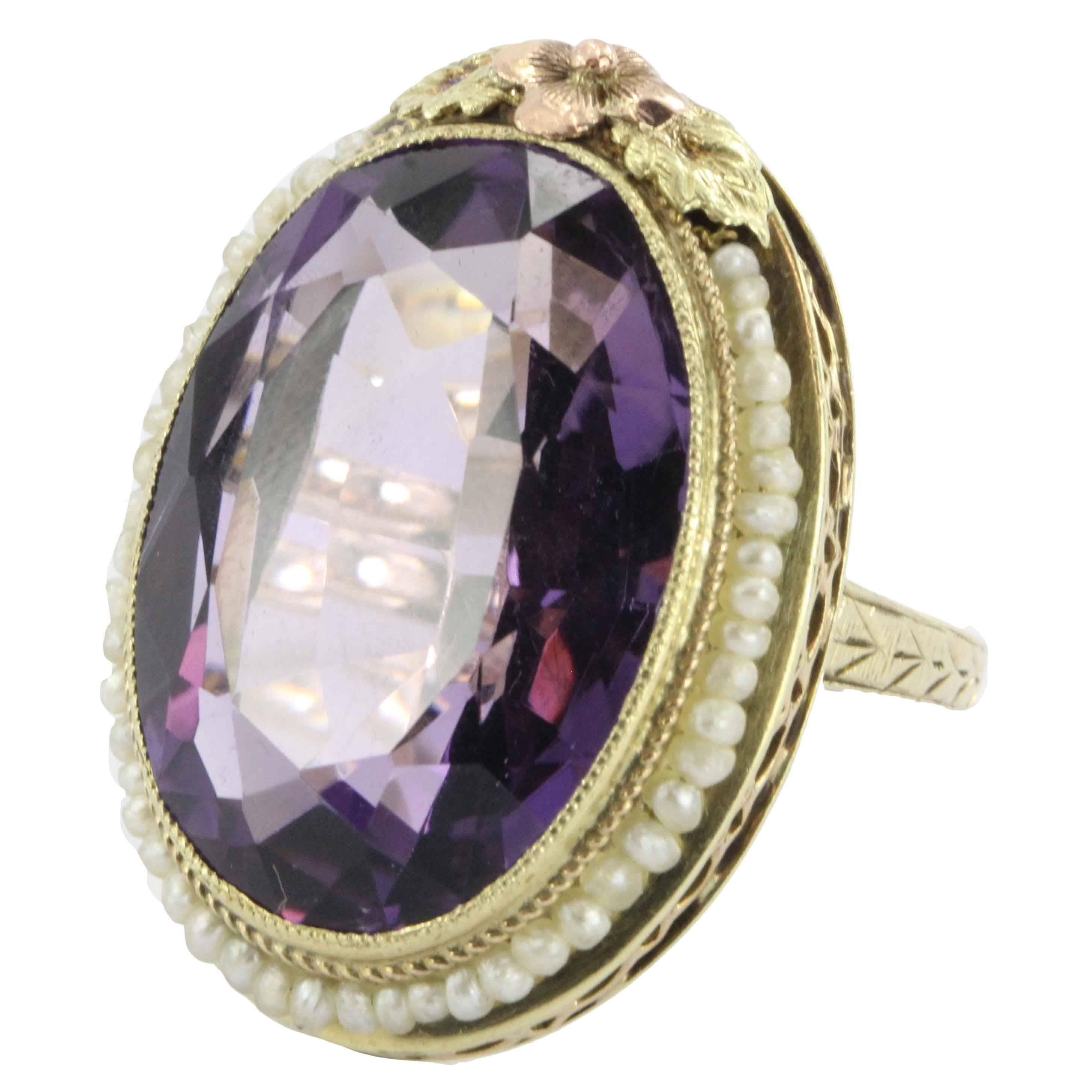 Art Nouveau 16 Carat Amethyst  Seed Pearl Ring