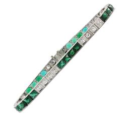 Antique 1920s Art Deco French Cut Emerald Diamond Platinum Tennis Bracelet 