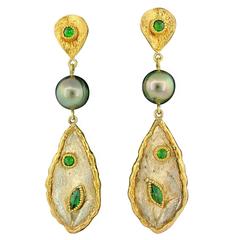 Victor Velyan Chrome Diopside Tahitian Pearl Silver Gold Earrings