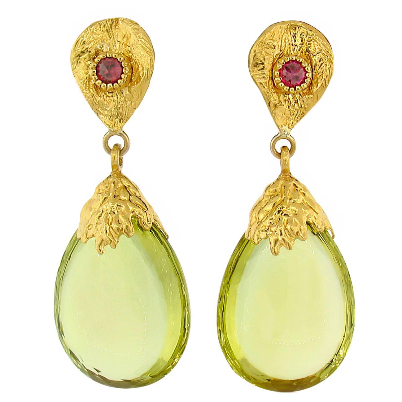 Victor Velyan Lemon Quartz Pink Sapphire Gold Drop Earrings