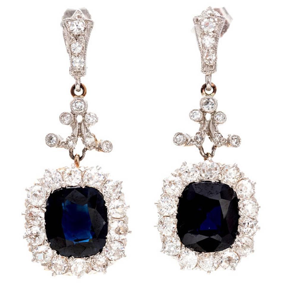 Royal Blue Natural Sapphire Diamond Gold Platinum Dangle Earrings
