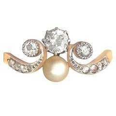 0.53 ct Diamond and Pearl, 18k Yellow Gold Dress Ring - Antique Circa 1910