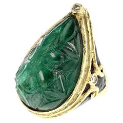 Carved Emerald and Diamond Ebony Gold Ring