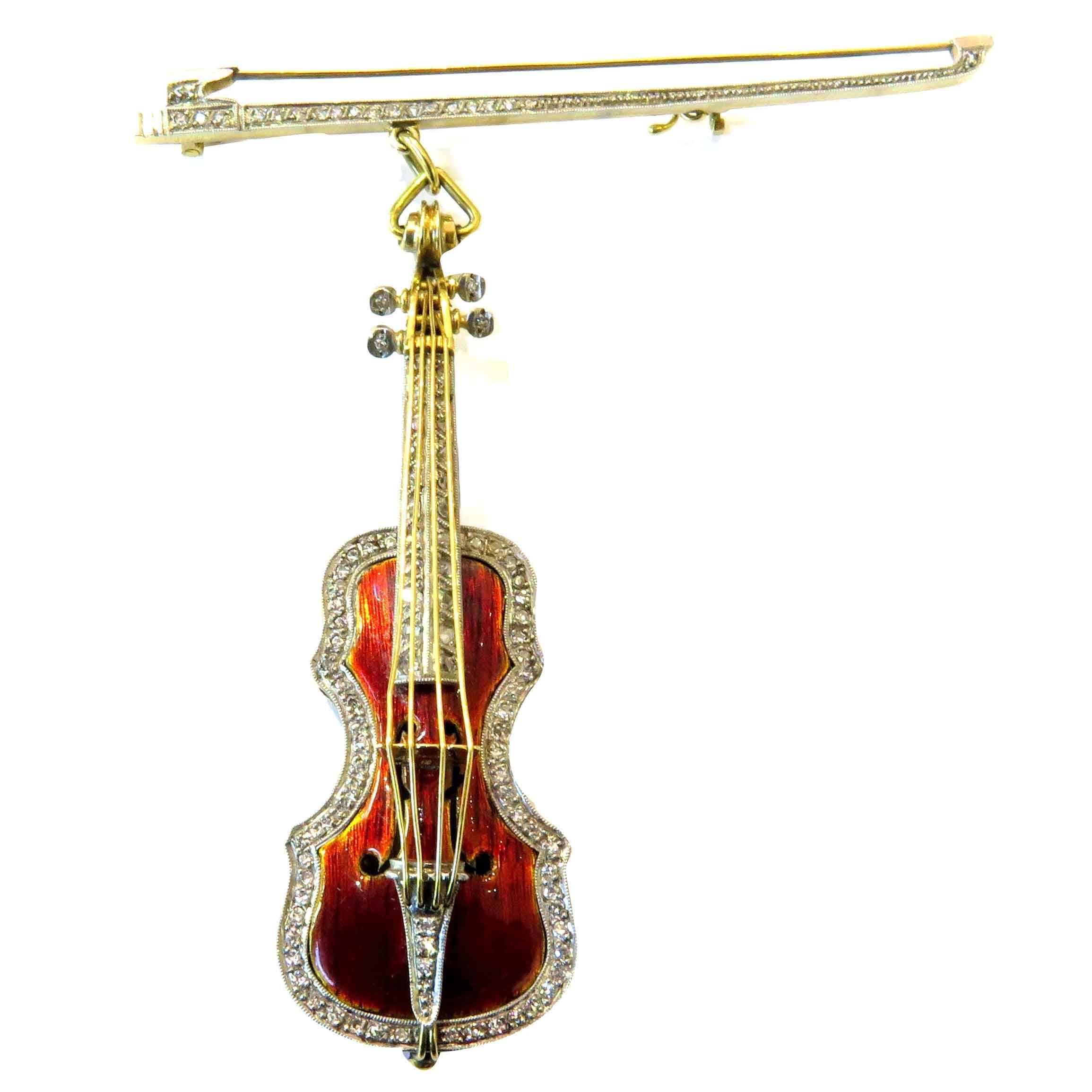 Spectacular Signed Stradivarius Enamel Diamond Violin and Bow Brooch