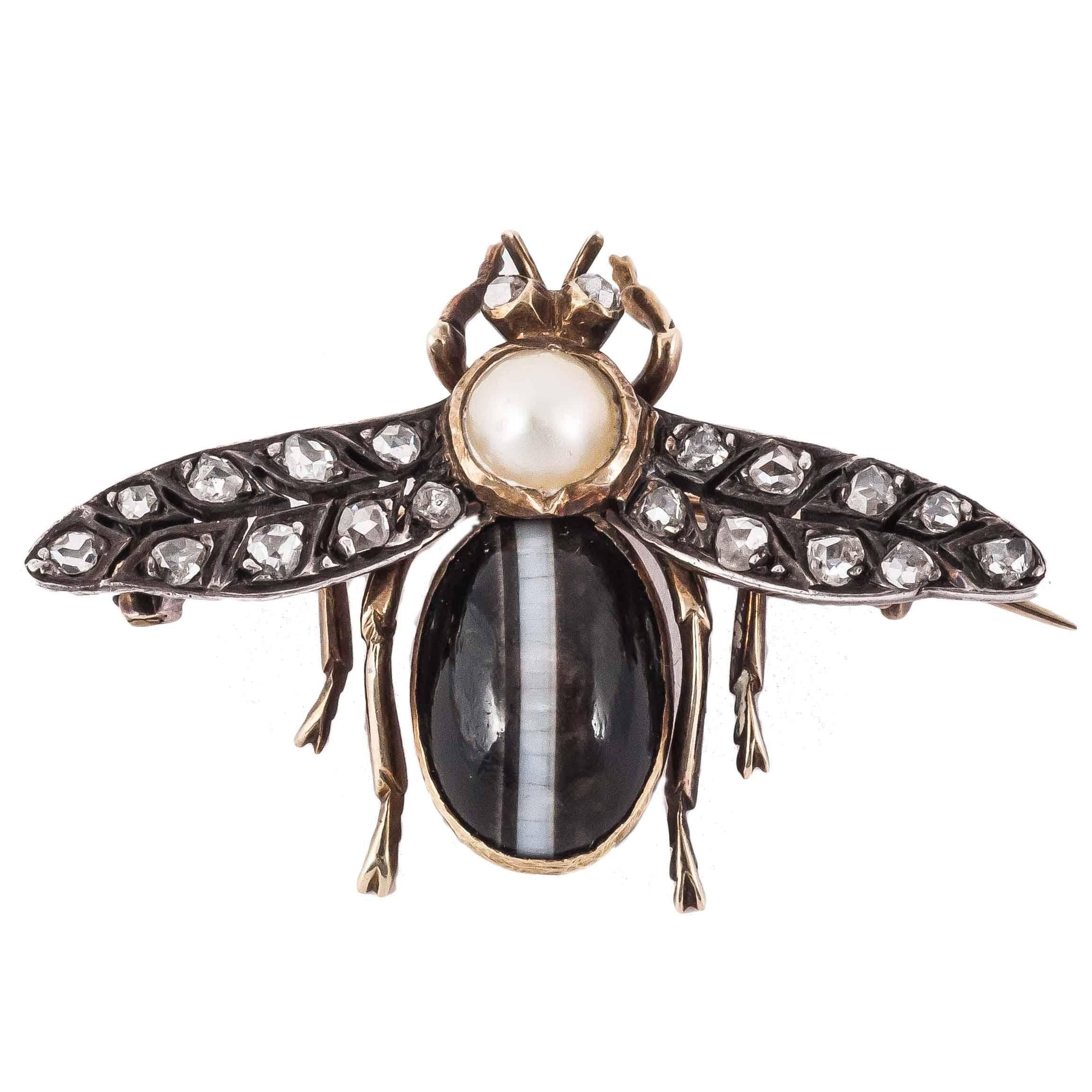 Banded Agate Diamond Silver Gold Bug Brooch For Sale