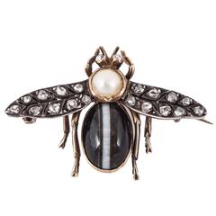 Banded Agate Diamond Silver Gold Bug Brooch