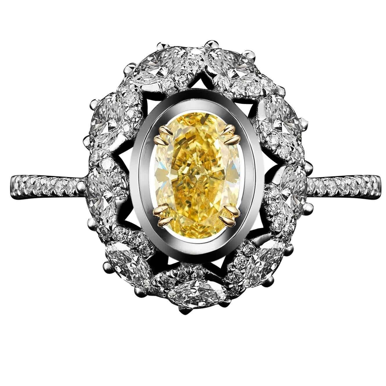 Alexandra Mor Diamond Blossom Ring with 1.77 Ct GIA Fancy Yellow Oval Diamond For Sale