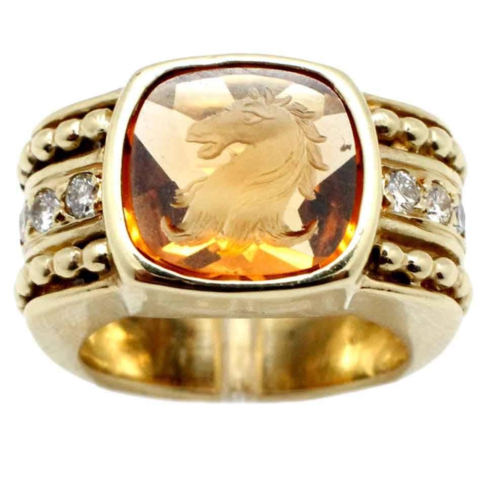 Signed Judith Ripka Intaglio Carved Citrine With Surrounded Diamond Gold Ring For Sale