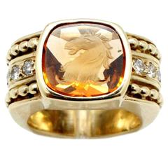 Signed Judith Ripka Intaglio Carved Citrine With Surrounded Diamond Gold Ring