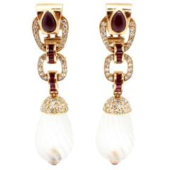 Ruby & Hand Carved Rock Crystal With 3.50 Carats of Diamonds & 18k Gold Earrings