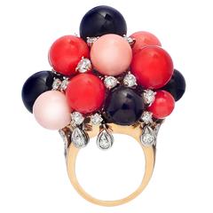 Vintage Coral Black Jade Diamond Two Color Gold Ring