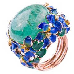 Vintage Enamel Cabochon Emerald Diamond Gold Ring