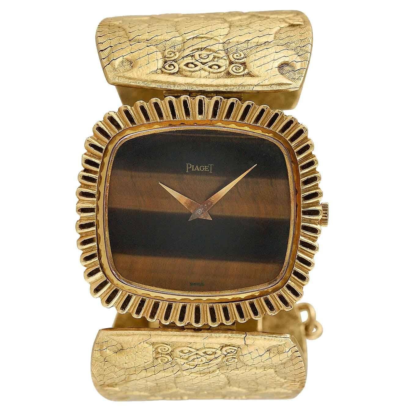 Piaget Lady's Yellow Gold Tiger's Eye Bracelet Wristwatch  For Sale