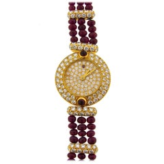 Vintage Boucheron 18k Yellow Gold Lady's Wristwatch Diamond Ruby Quartz