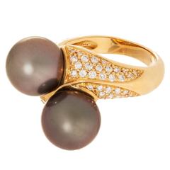 Tahitian Pearl and Pave Diamond Gold Bypass Ring 9