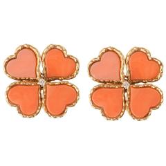 Coral Diamond Gold Clover Earrings