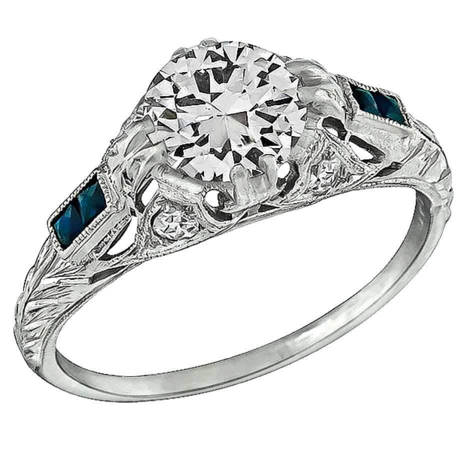 1.02 Carat Diamond Sapphire Platinum Engagement Ring For Sale
