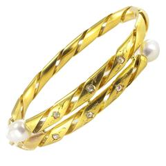 Antique Engraved Pearl Fine Diamond Gold Bangle Bracelet 12