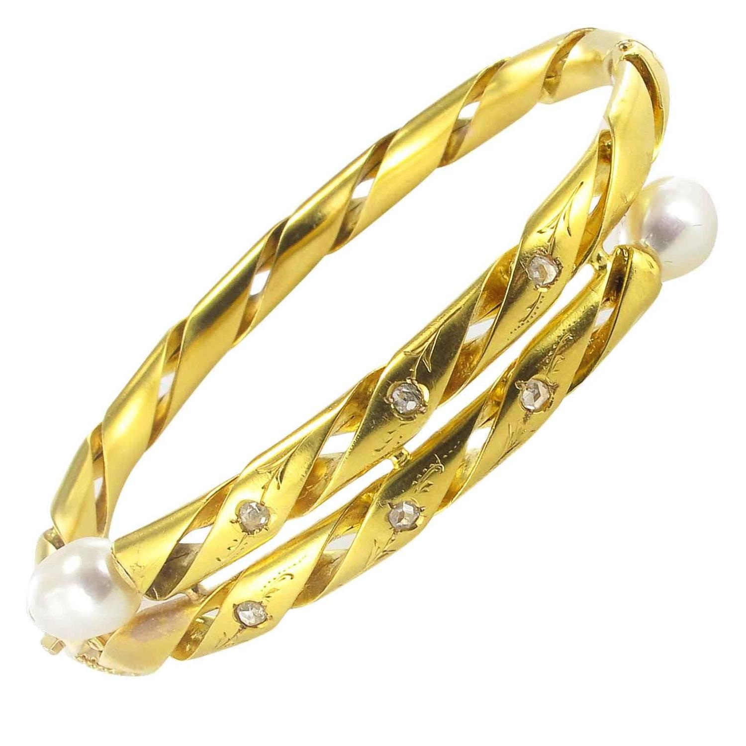 Antique Engraved Pearl Fine Diamond Gold Bangle Bracelet For Sale at