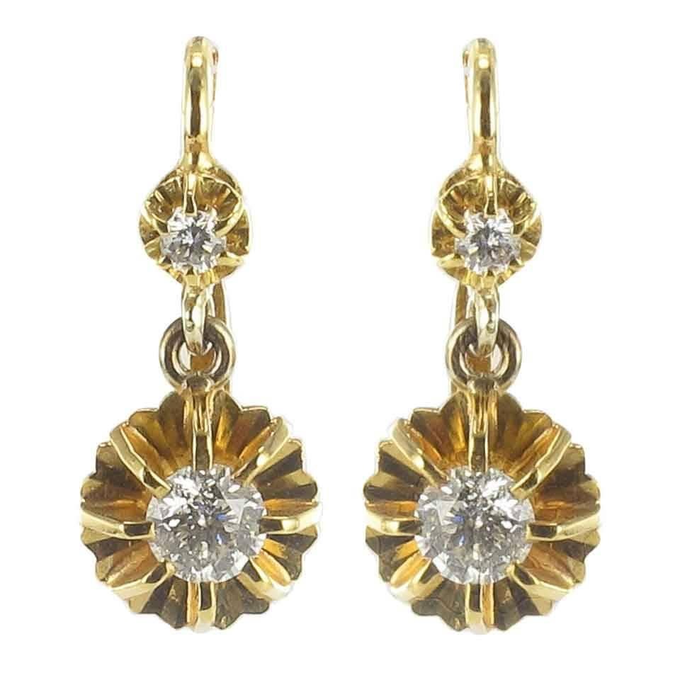 1950s French Diamond Gold Dangle Earrings 