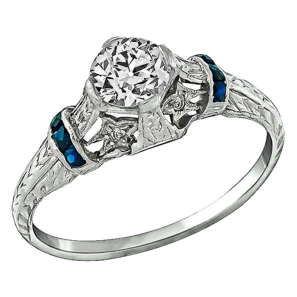 0.53 Carat GIA Diamond Sapphire Platinum Engagement Ring For Sale