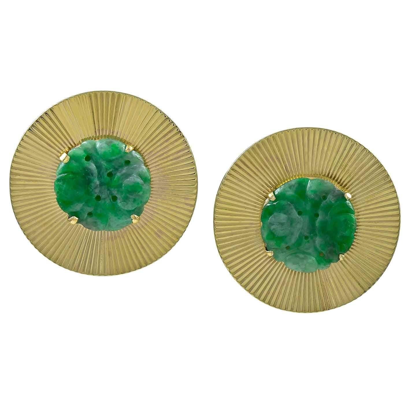Large Carved Jade Gold Ear Clips