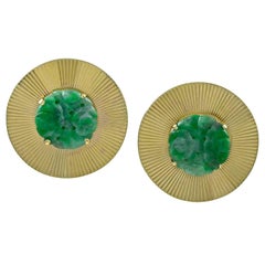 Large Carved Jade Gold Ear Clips