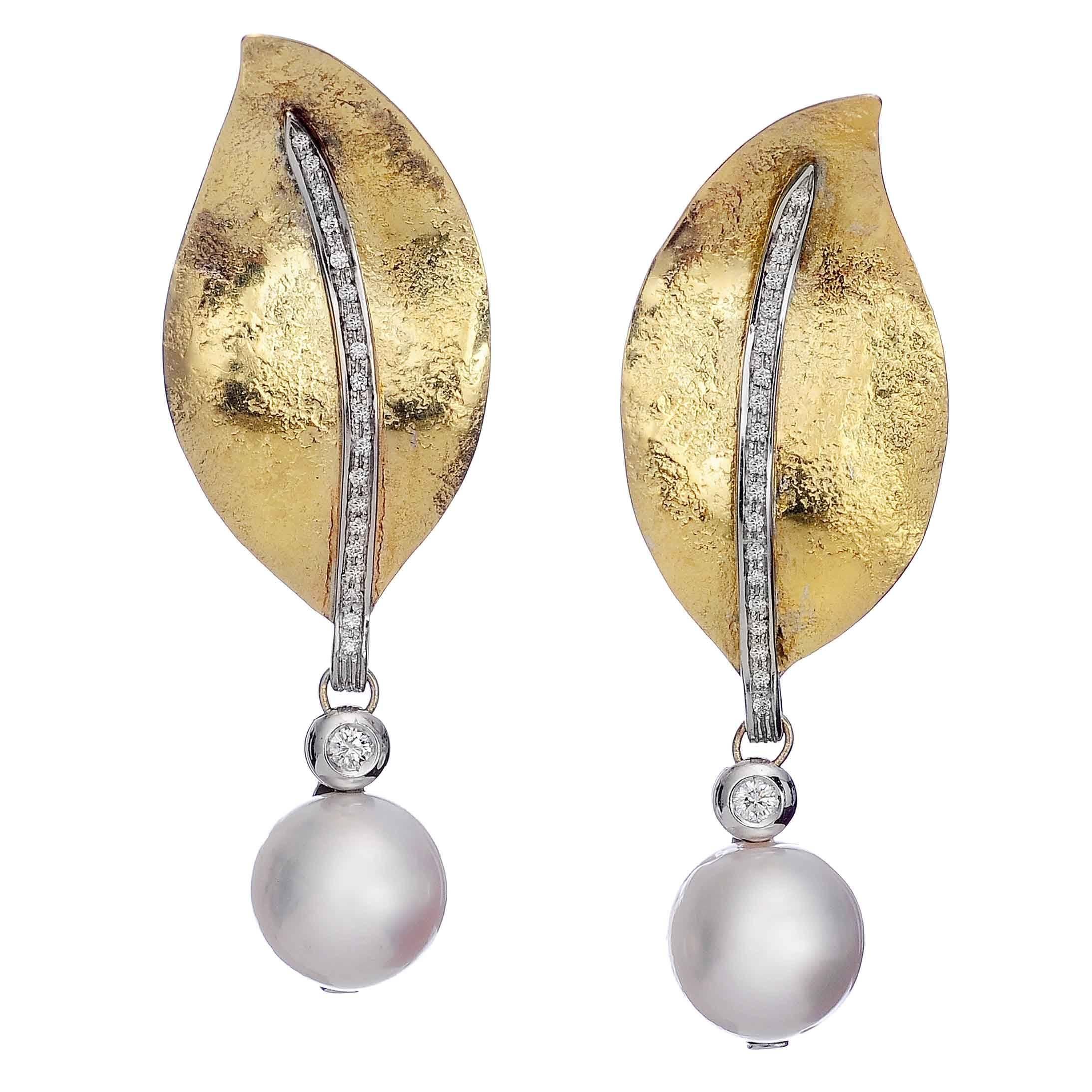 South Sea Pearl Diamond Gold Pendant Earrings For Sale