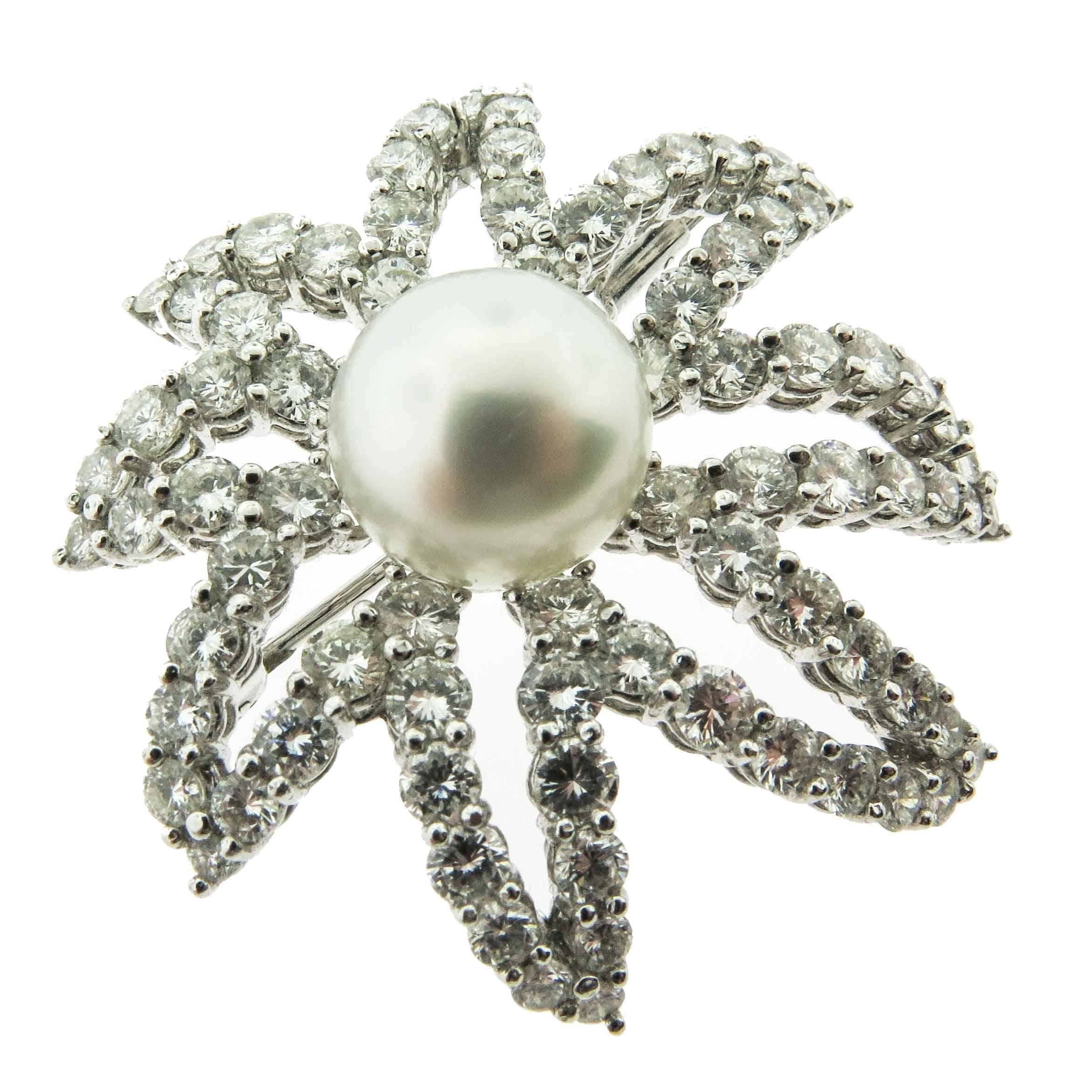 Diamond and Pearl Platinum Brooch For Sale