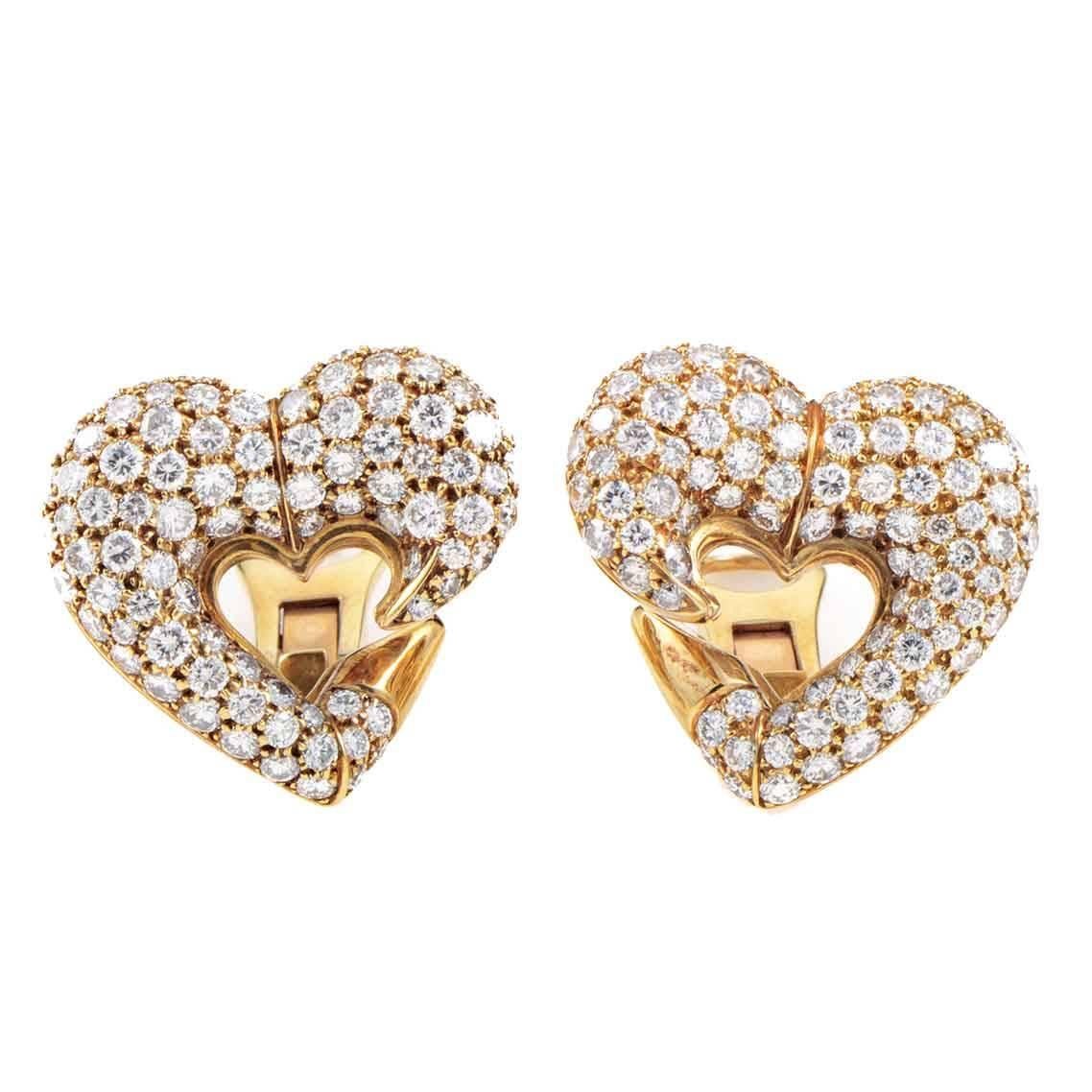 Bulgari Diamond Pave Gold Heart Clip-On Earrings