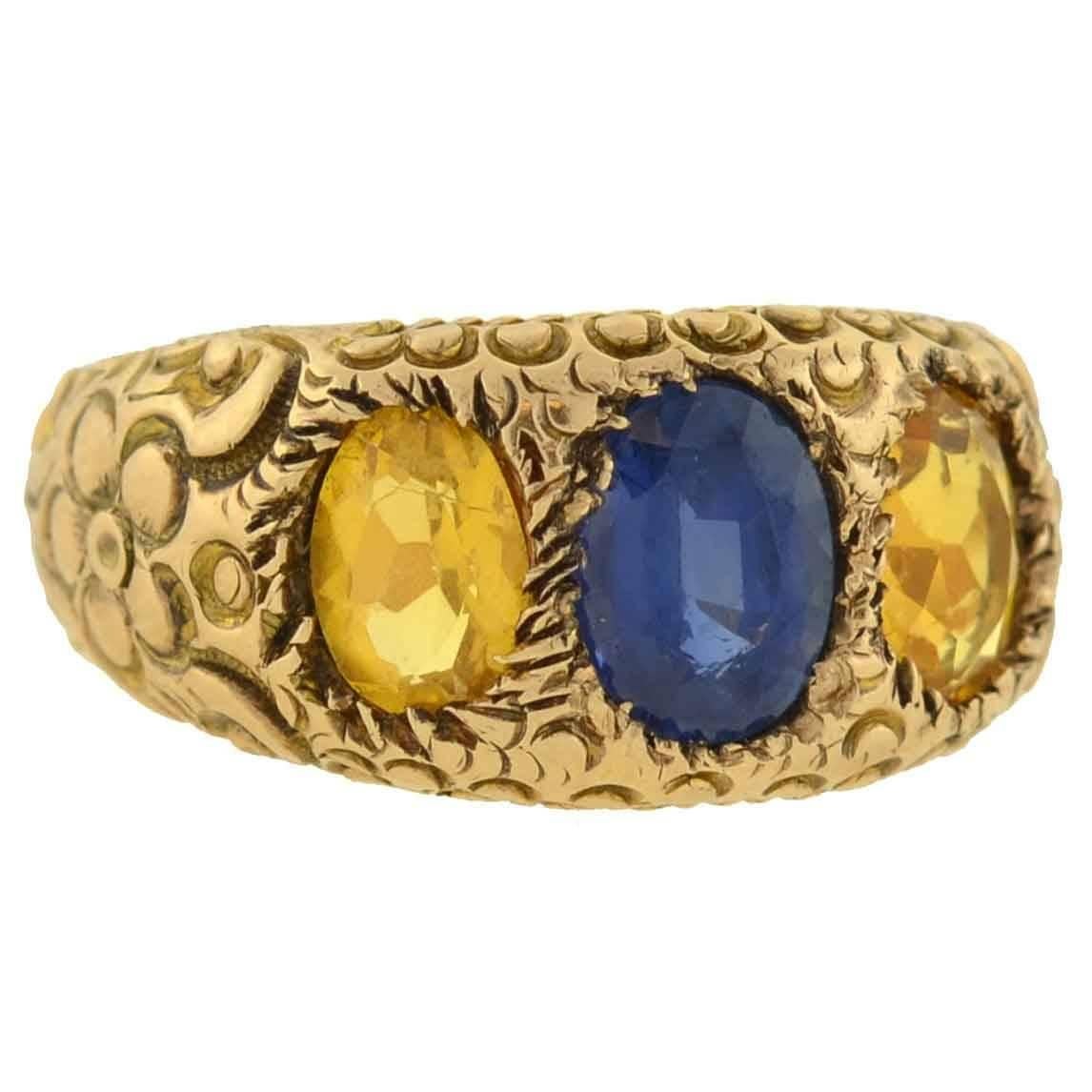 Late Victorian Multicolored Sapphire 3-Stone Gold Ring