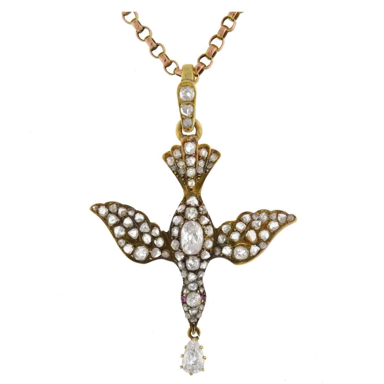 Victorian Ruby Rose Cut Diamond Gold "Saint Esprit" Dove Necklace 