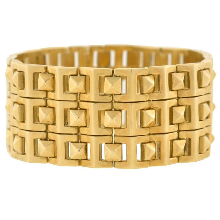 Contemporary Pyramidal Stud Link Wide Gold Bracelet For Sale at 1stDibs