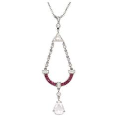 Art Deco Ruby Diamond Platinum Pendant Necklace