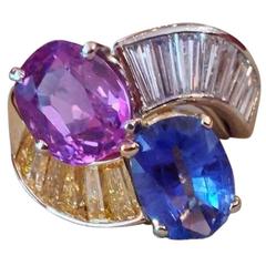 GIA Unheated Pink and Blue Sapphire Diamond Gold Platinum Ring