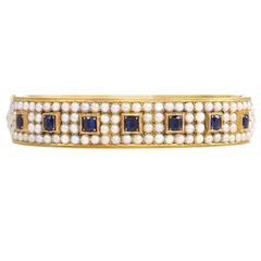Antique Half-Pearl Sapphire Gold Bangle Bracelet