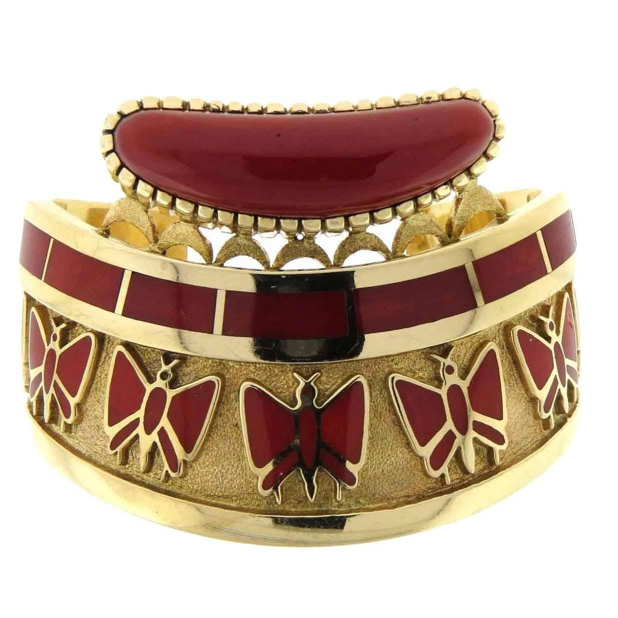 Vernon Haskie Native American Navajo Coral Gold Cuff Bracelet