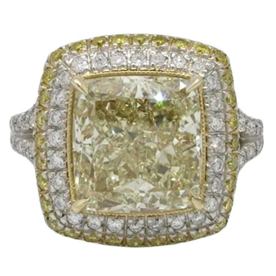 5.29 Carat GIA Cert Fancy Yellow Radiant Cut Diamond Gold Platinum Ring