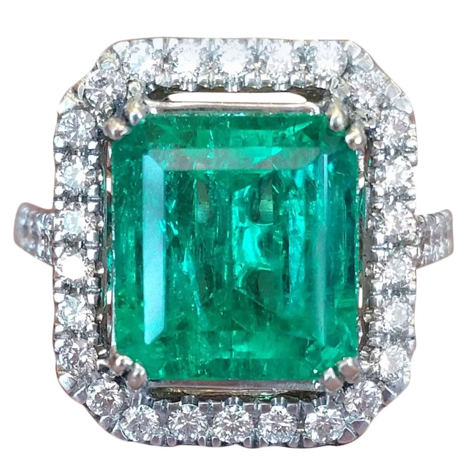 5.51 Carat GIA Cert Emerald Diamond Gold Ring 