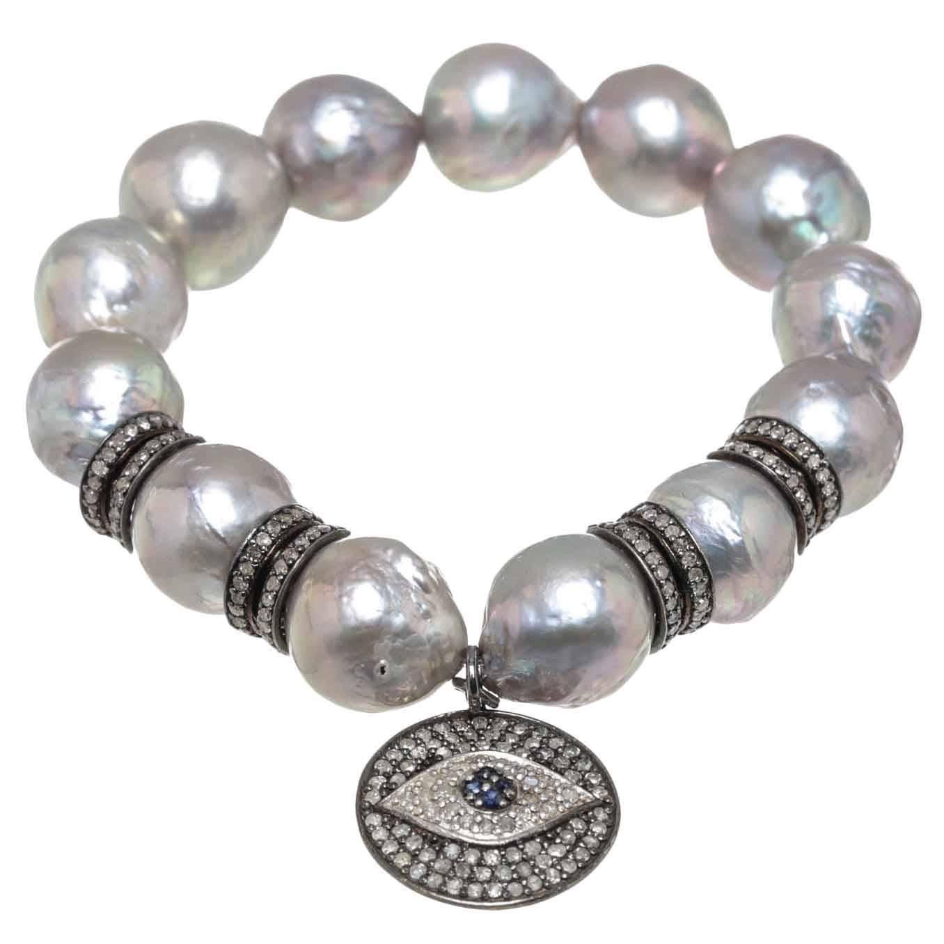 Julia Post Tahitian Gray Pearl Diamond Silver Evil Eye Bracelet For Sale