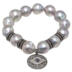 Julia Post Tahitian Gray Pearl Diamond Silver Evil Eye Bracelet