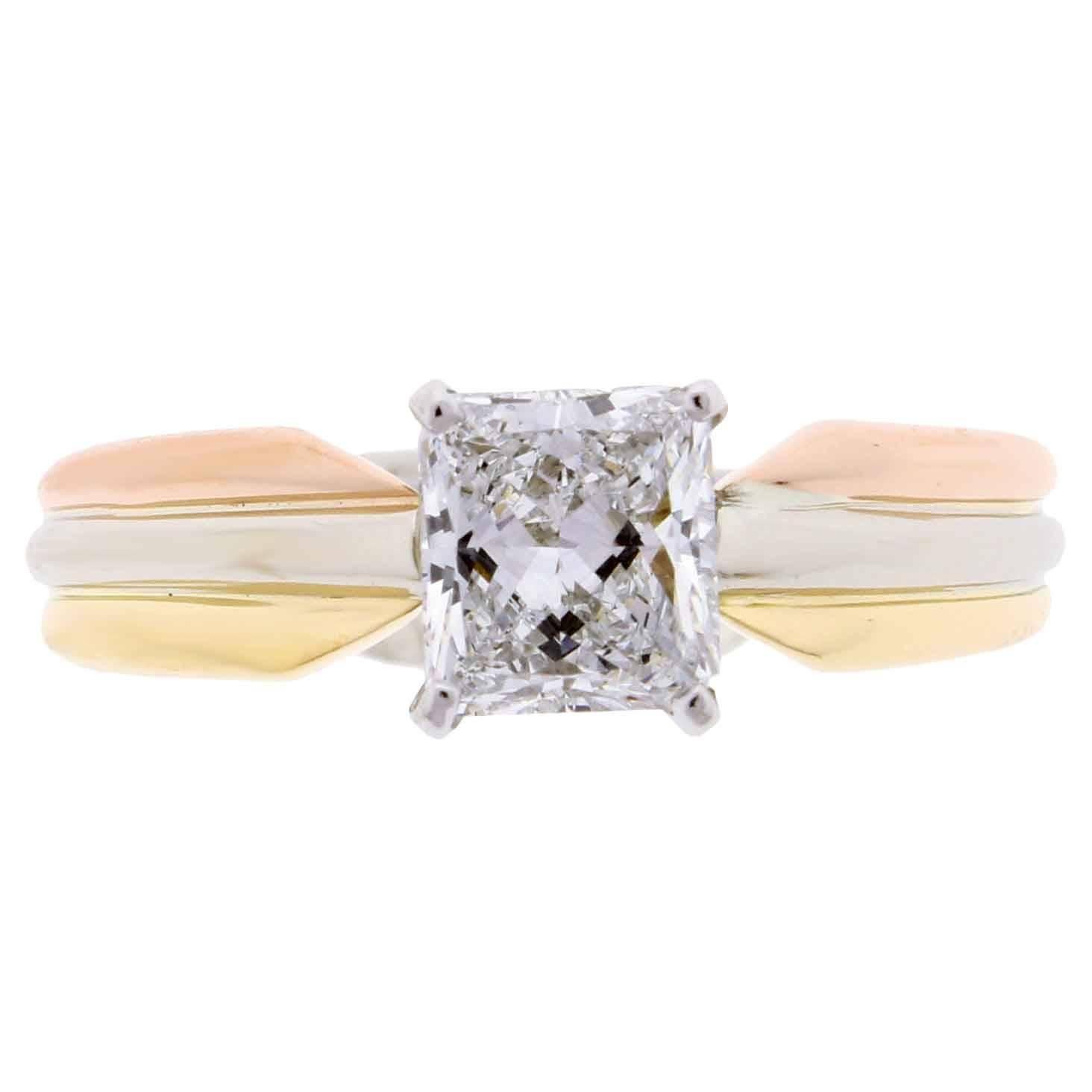 Cartier Trinity Radiant Diamond Gold Platinum Engagement Ring  