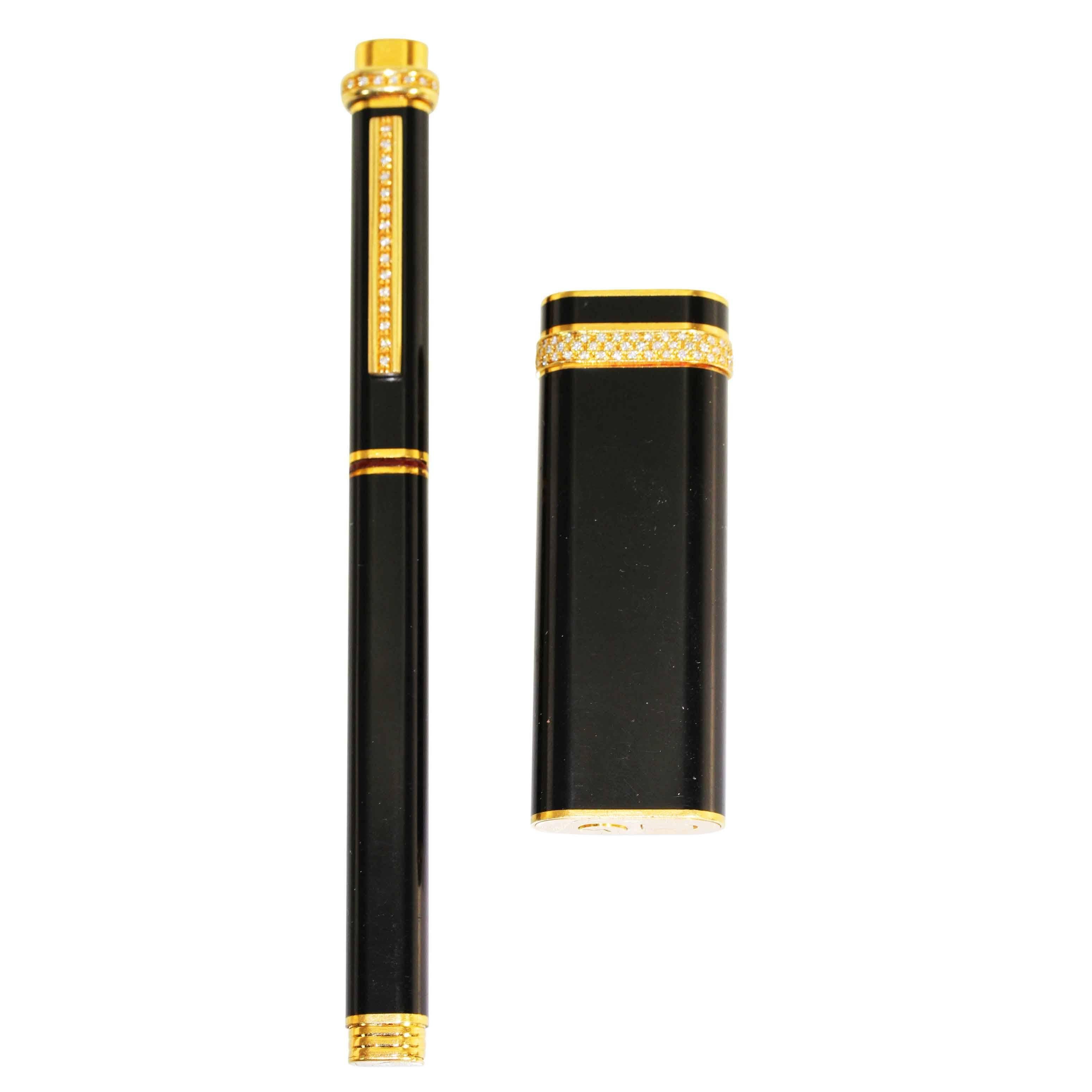 Cartier Black Lacquer Diamond Gilt Silver Lighter and Pen