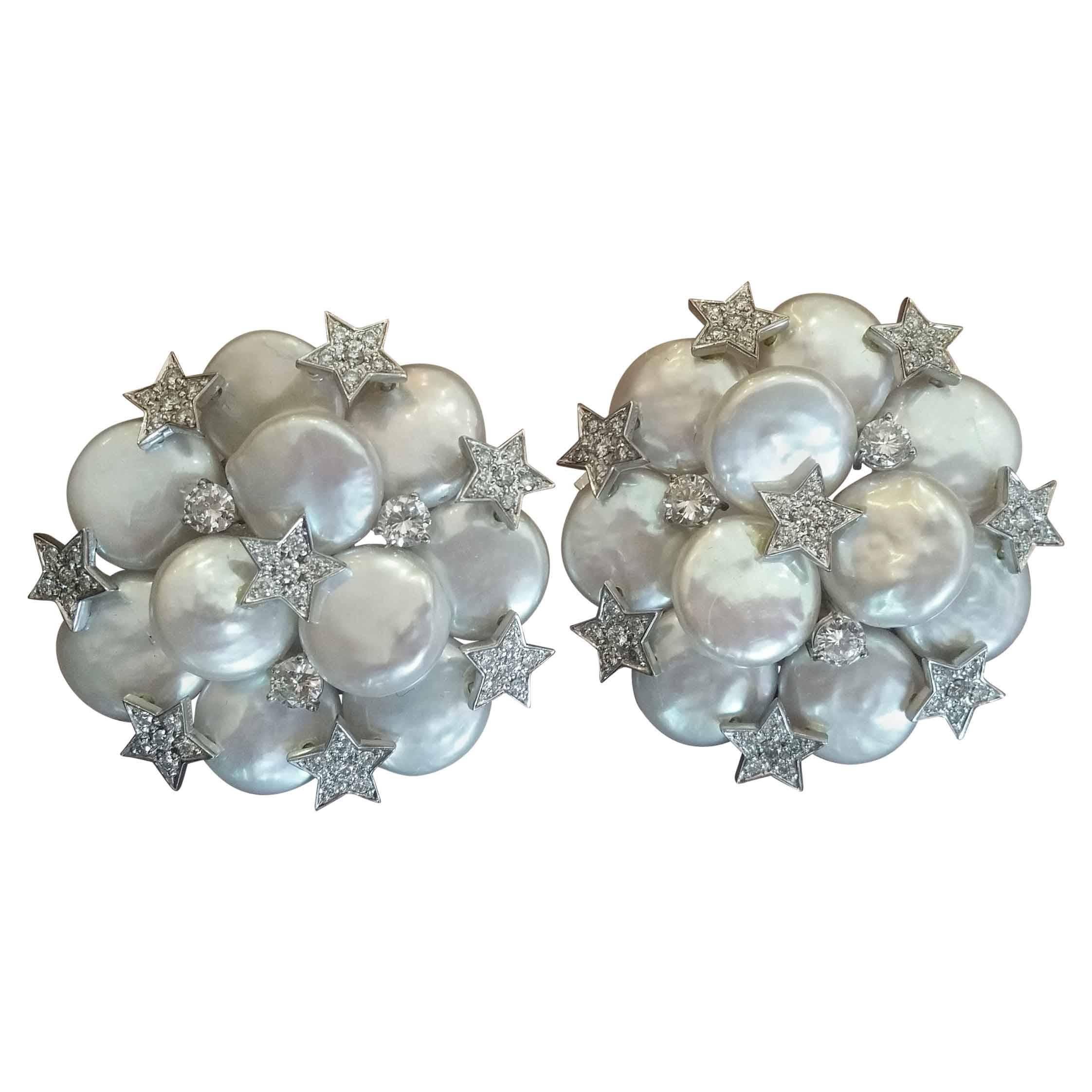  Button Pearl Diamond Gold Cluster Earrings with Diamond Stars