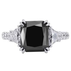 5.33 Carat Radiant Cut Fancy Black Diamond Engagment Ring