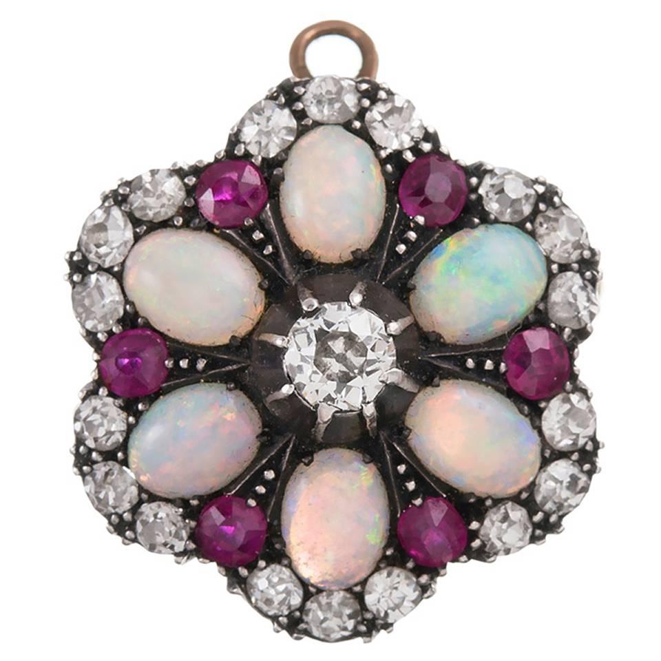 Convertible Victorian Opal Ruby Diamond Silver Gold Ring Pendant