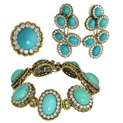 1960s Natural Turquoise Diamond Gold Bracelet Earrings Ring Jewelry Set